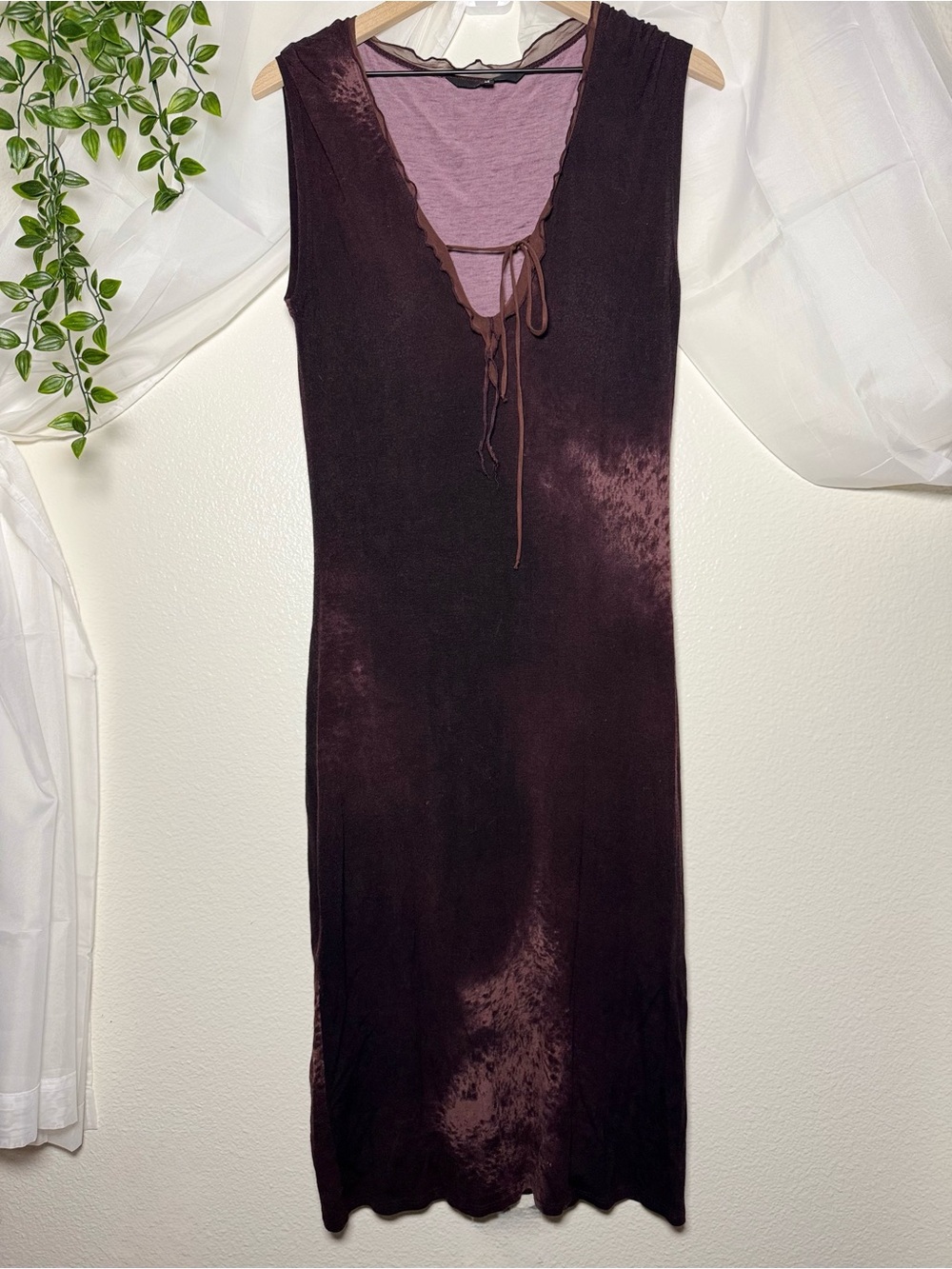 Vintage Guess Collection Brown Sleeveless Midi Dress with Lace-Up Detail Ruffles